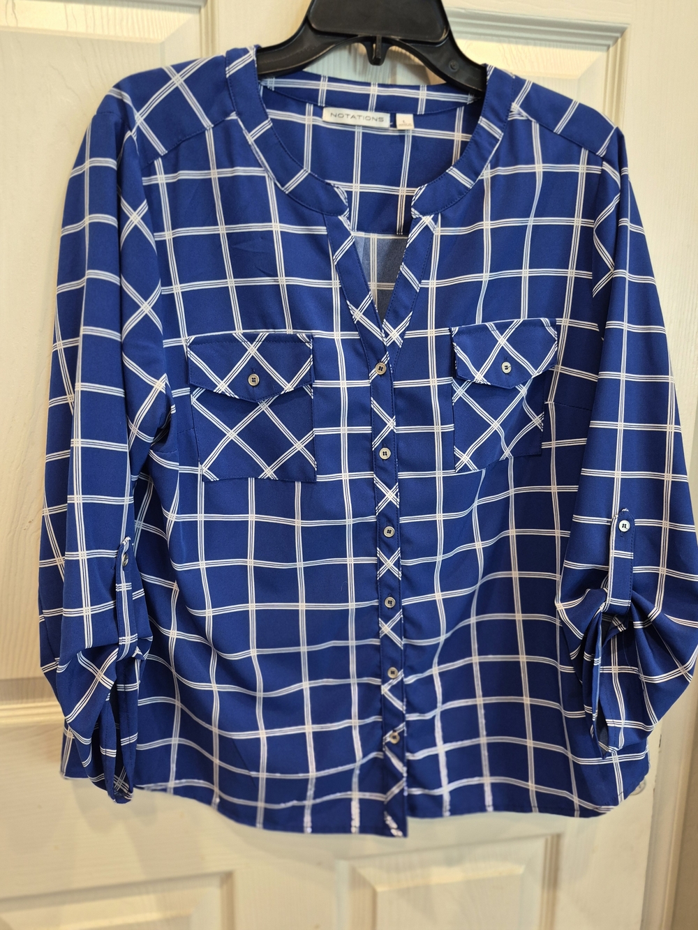 Notations Blue Windowpane Button-Front Blouse
